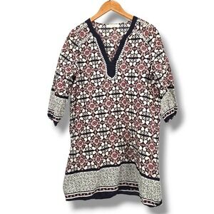 Entro Tunic Dress‎ Bohemian Print V-Neck 3/4 Sleeve Casual Top Size M